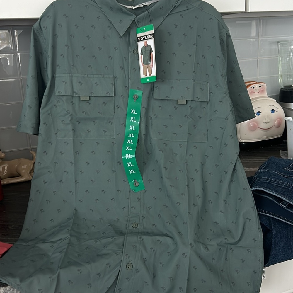 NEW XL MENS SHORT SLEEVE VOYAGER GREEN BUTTON FRONT SHIRT DBL POCKET -VELCRO - Picture 5 of 14
